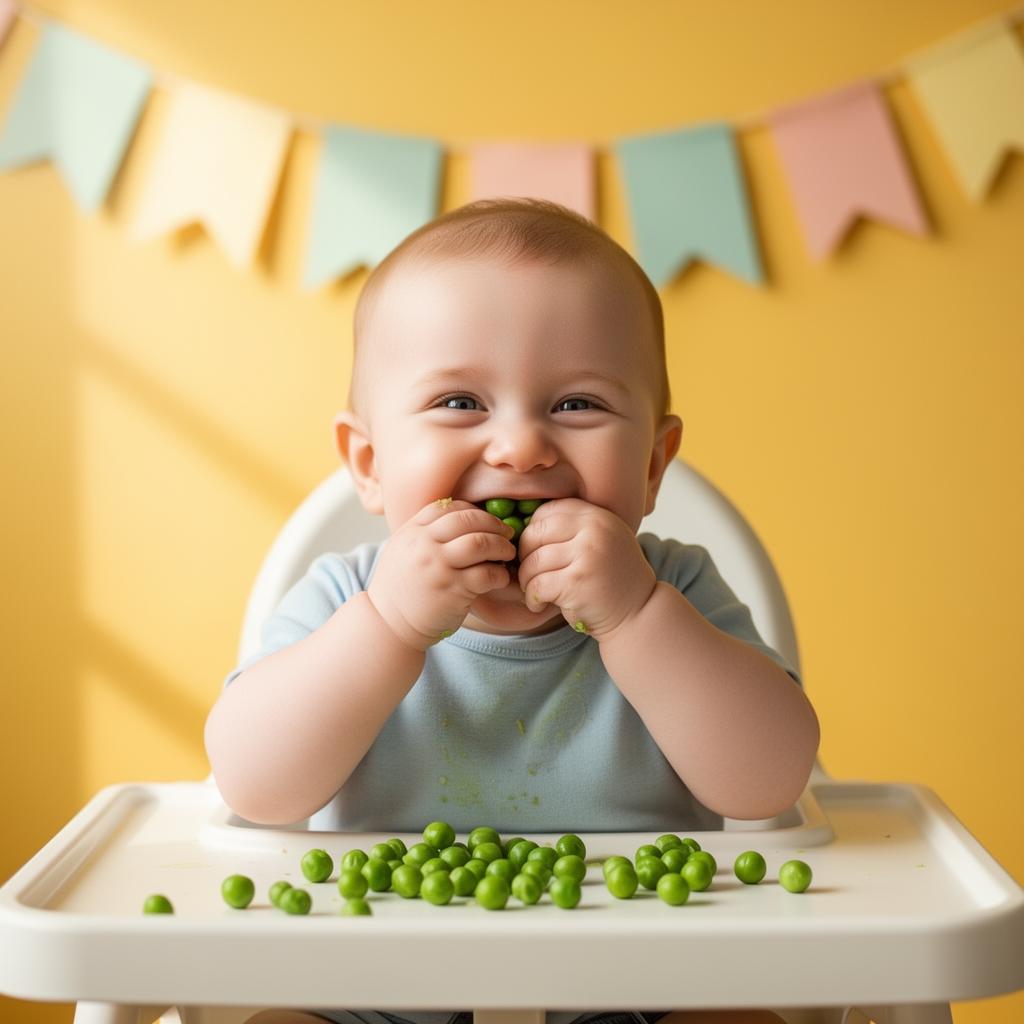 Bebé feliz comiendo arvejas con las manos